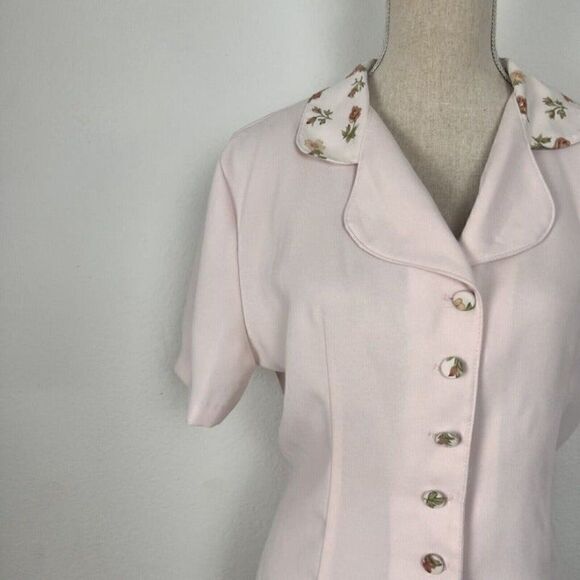 Vintage Anna 80s Light Pink Floral Collar Short Sleeve Blouse Women’s Medium - Picture 10 of 12